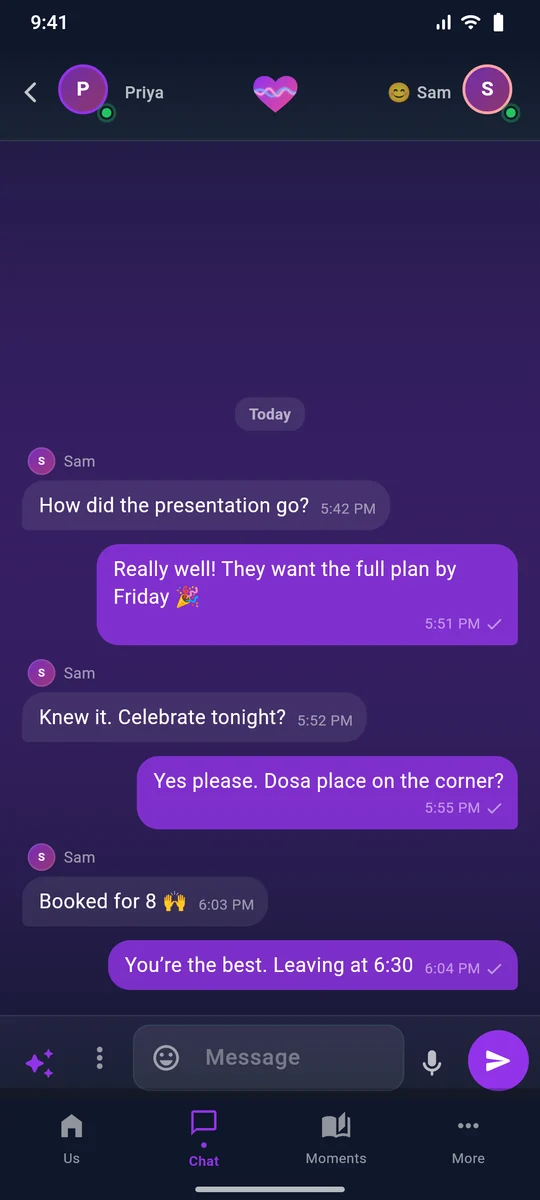 A chat between Priya and Sam about a presentation, ending with 'You're the best. Leaving at 6:30'.