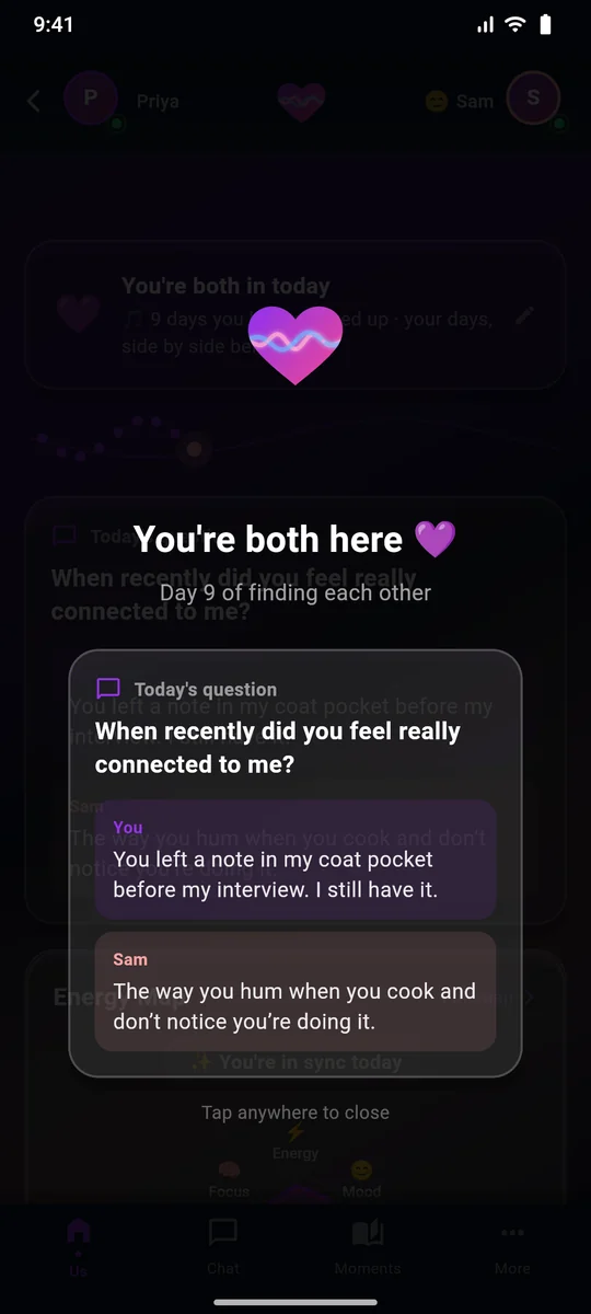 The Meet: 'You're both here, Day 9 of finding each other', with both partners' answers to today's question opening together.