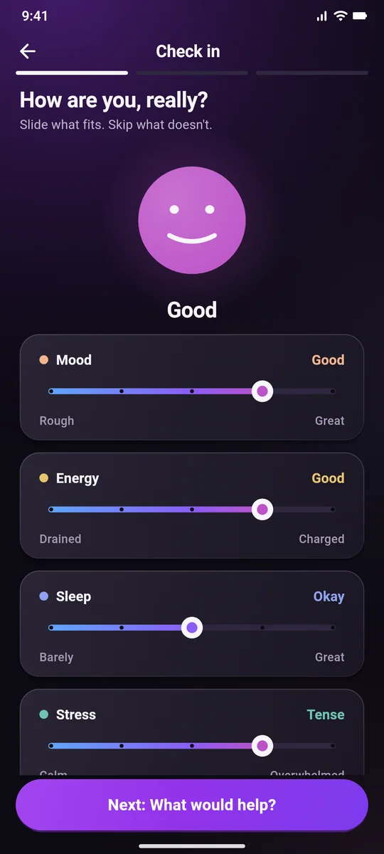 The CoupleChord check-in, 'How are you, really? Slide what fits. Skip what doesn't.' Word sliders read Mood: Good, Energy: Good, Sleep: Okay, Stress: Tense, with a Next: What would help? button.