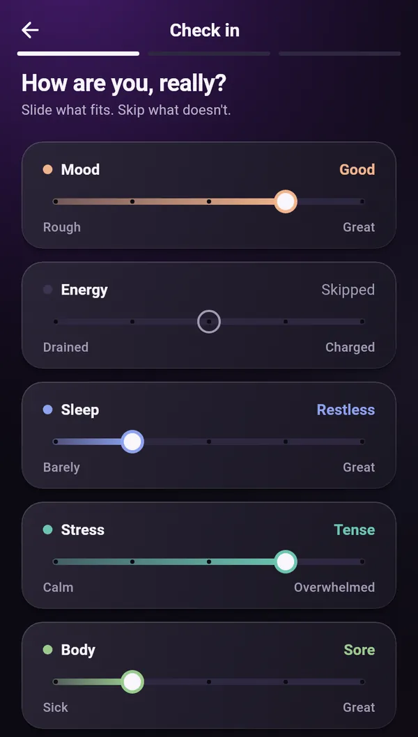 The CoupleChord check-in, titled 'How are you, really?' Mood is set to Good, energy is left as Skipped, and sleep is set to Restless.